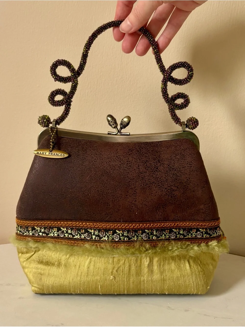 Vintage Mary Frances Brown & Green Beaded Kisslock Handbag